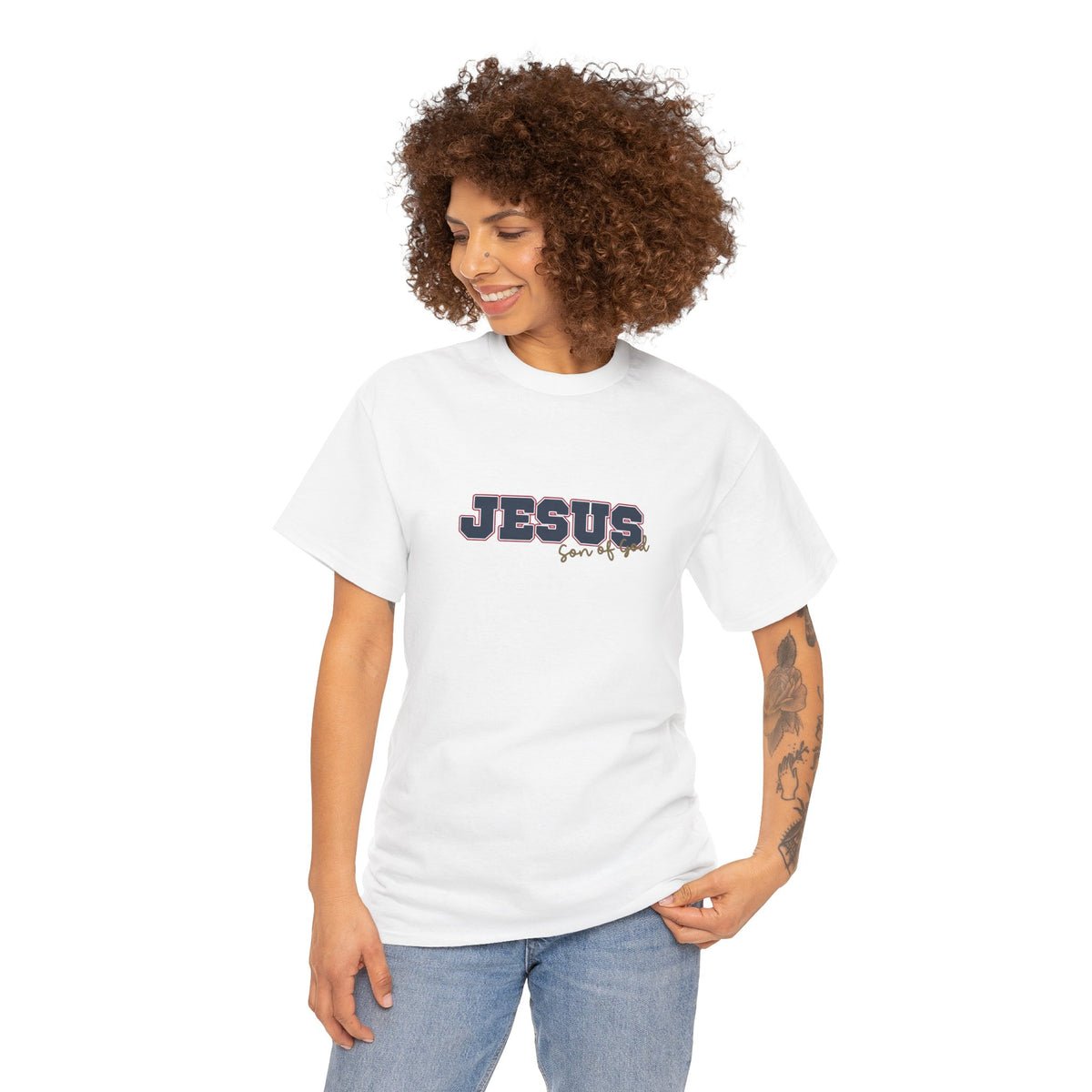 JESUS, Son of God - Varsity T-Shirt - Blauwe Letters