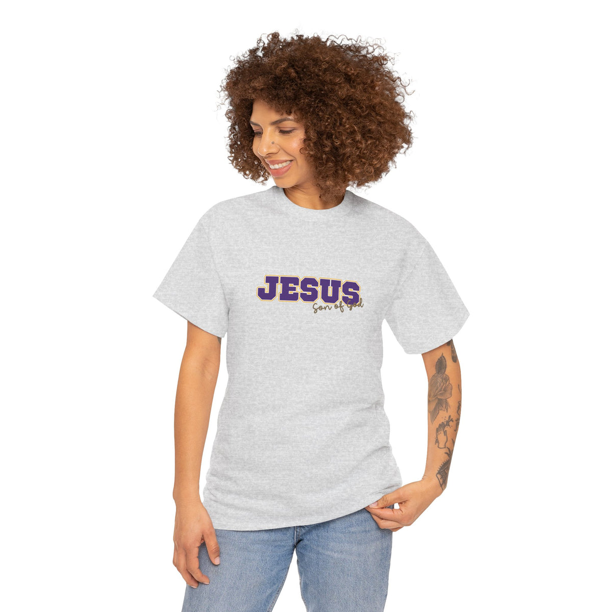 JESUS, Son of God - Varsity T-Shirt - Purple Letters