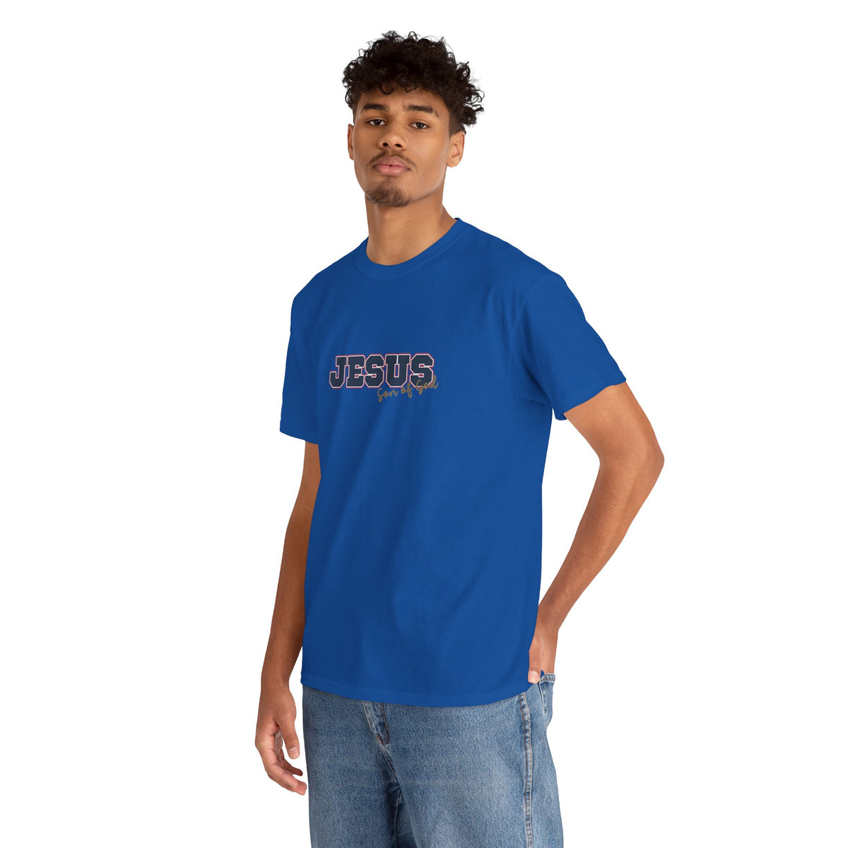 JESUS, Son of God - Varsity T-Shirt - Blauwe Letters