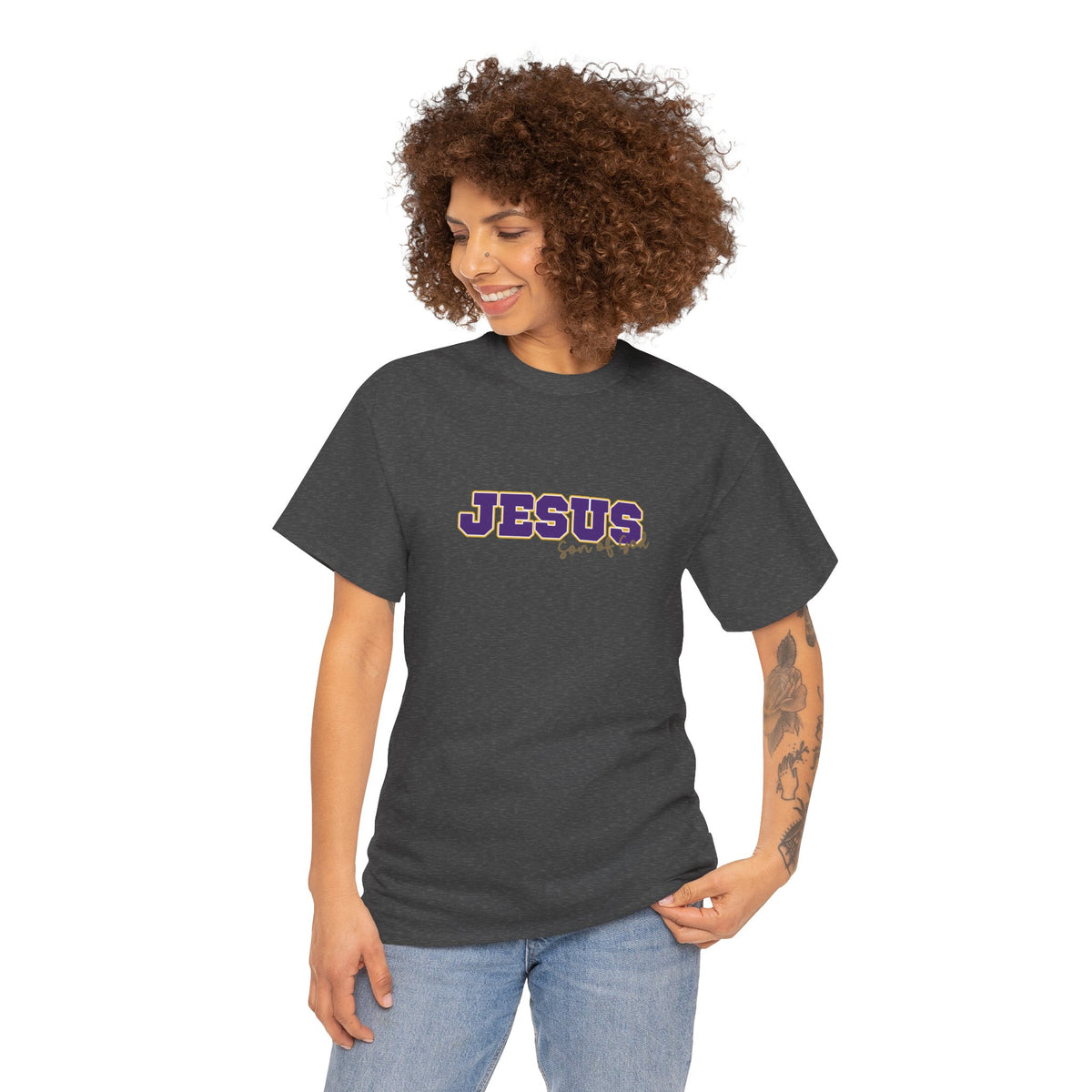 JESUS, Son of God - Varsity T-Shirt - Purple Letters