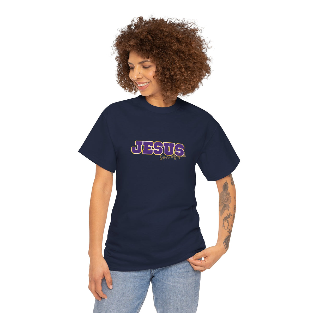 JESUS, Son of God - Varsity T-Shirt - Purple Letters