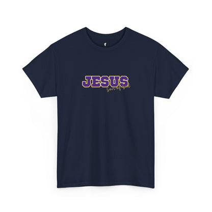 JESUS, Son of God - Varsity T-Shirt - Purple Letters
