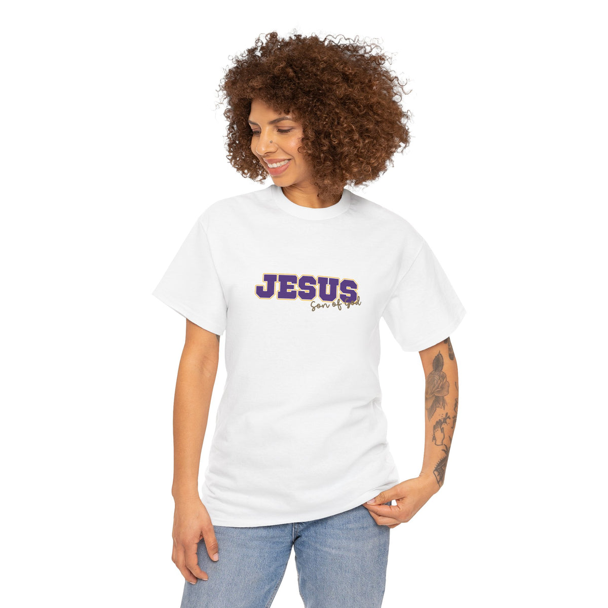 JESUS, Son of God - Varsity T-Shirt - Purple Letters