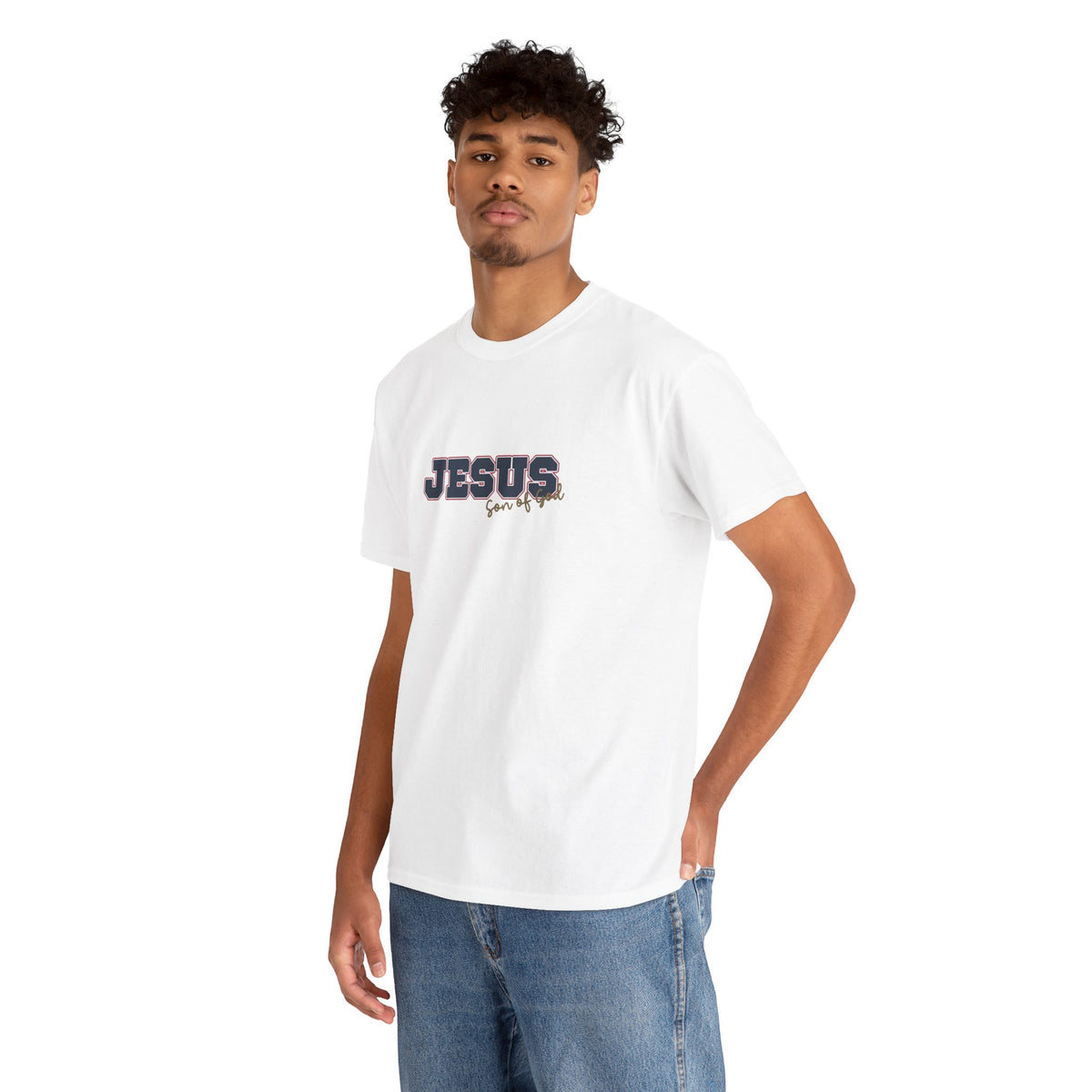 JESUS, Son of God - Varsity T-Shirt - Blauwe Letters