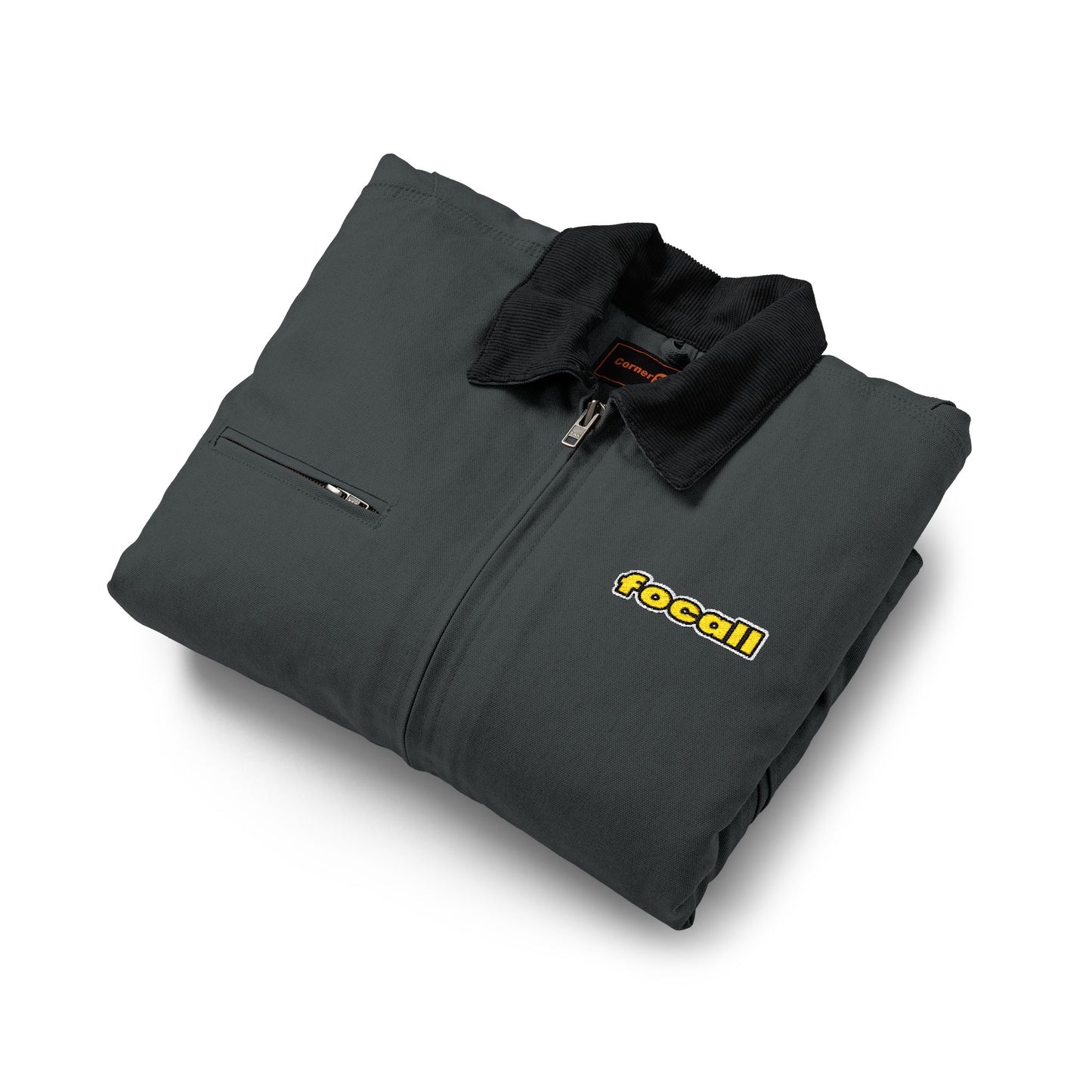 Embroidered duck canvas work jacket | Men's | Durable black carpenter-style jacket | Focall® yellow lettering
