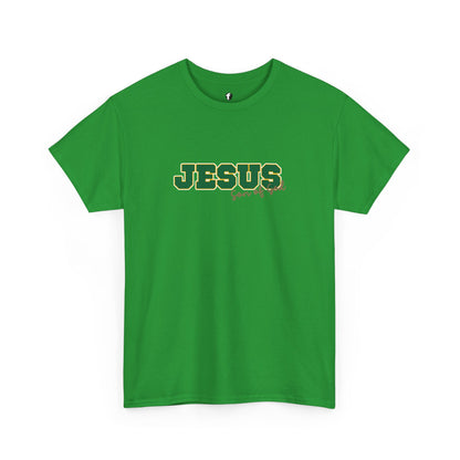 JESUS, Son of God - Varsity T-Shirt - Green Letters
