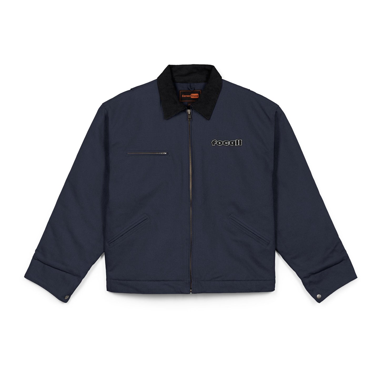 Embroidered duck canvas work jacket — Durable black carpenter-style jacket | Focall® black lettering