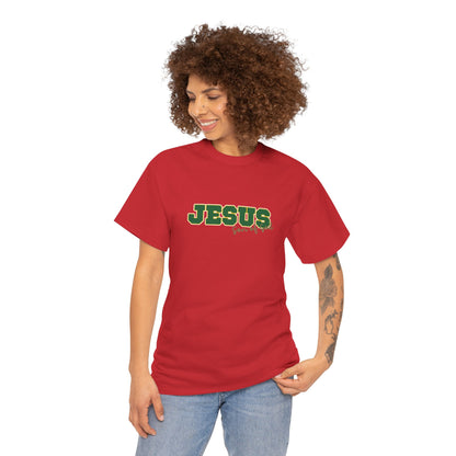 JESUS, Son of God - Varsity T-Shirt - Green Letters
