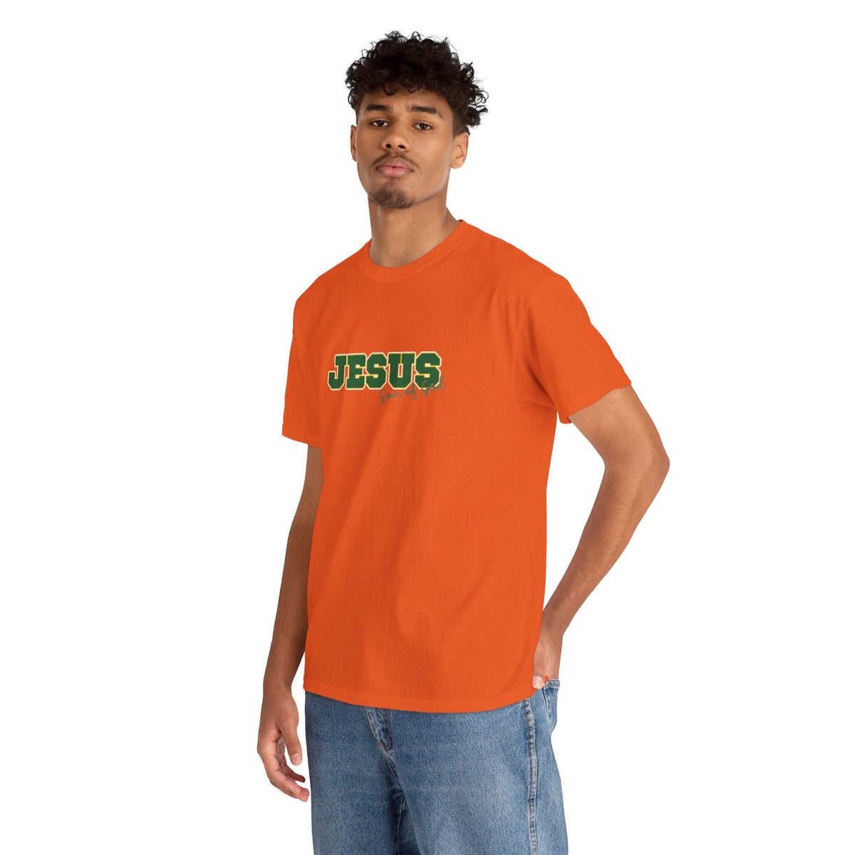JESUS, Son of God - Varsity T-Shirt - Green Letters