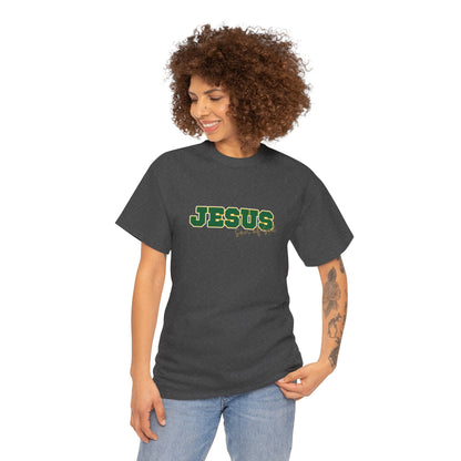 JESUS, Son of God - Varsity T-Shirt - Green Letters