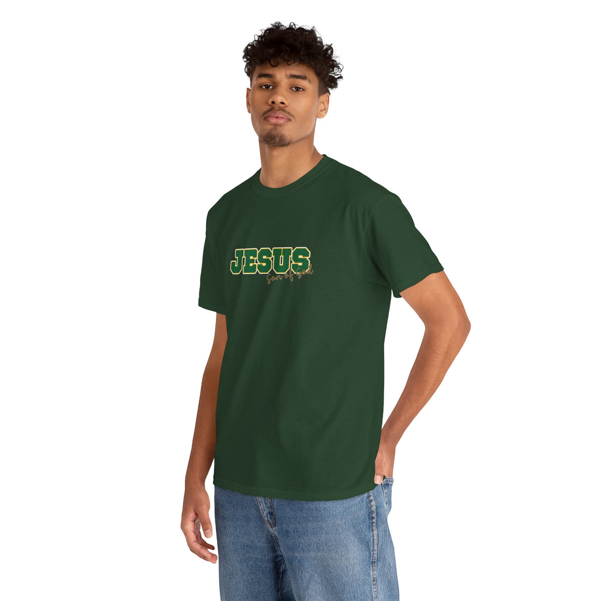 JESUS, Son of God - Varsity T-Shirt - Green Letters