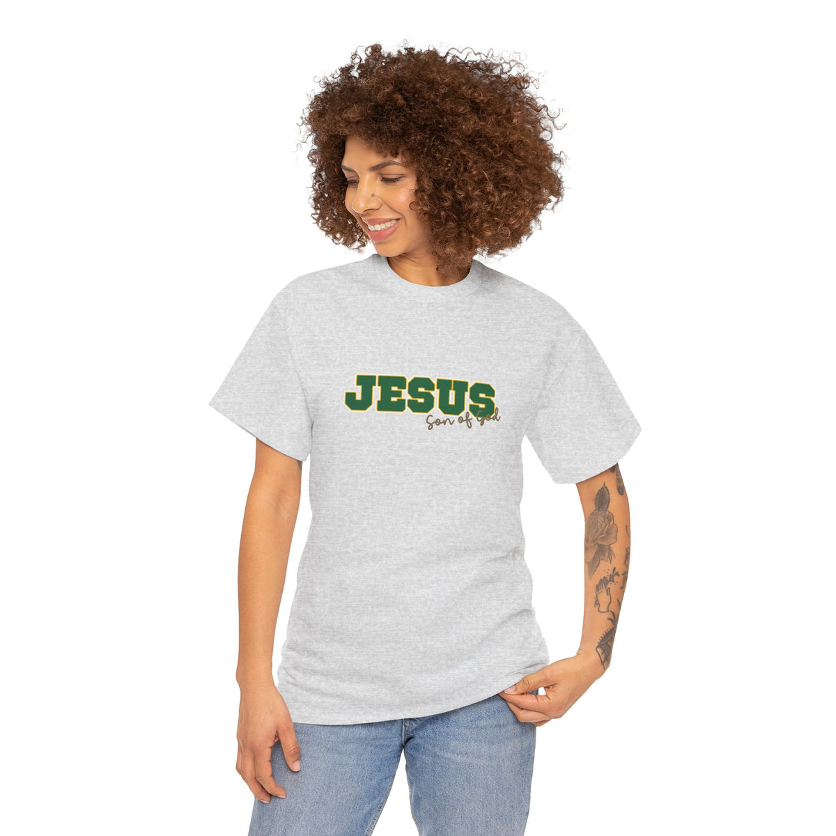 JESUS, Son of God - Varsity T-Shirt - Green Letters