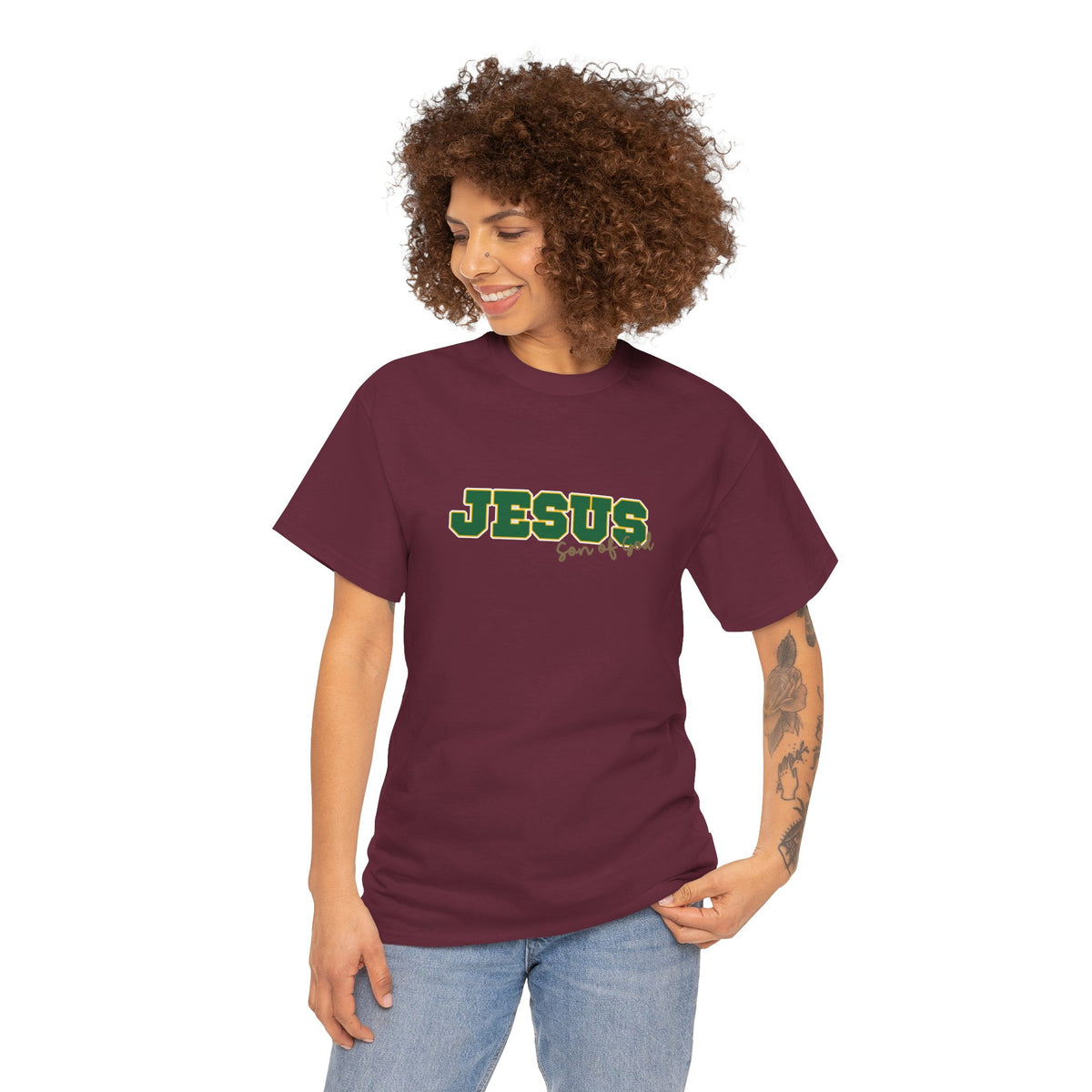 JESUS, Son of God - Varsity T-Shirt - Green Letters