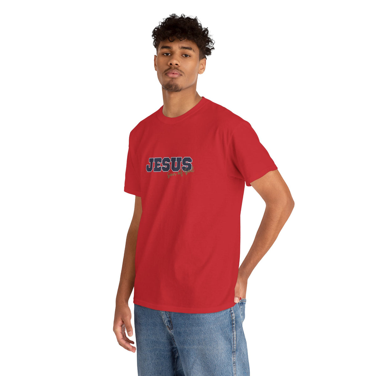 JESUS, Son of God - Varsity T-Shirt - Blauwe Letters