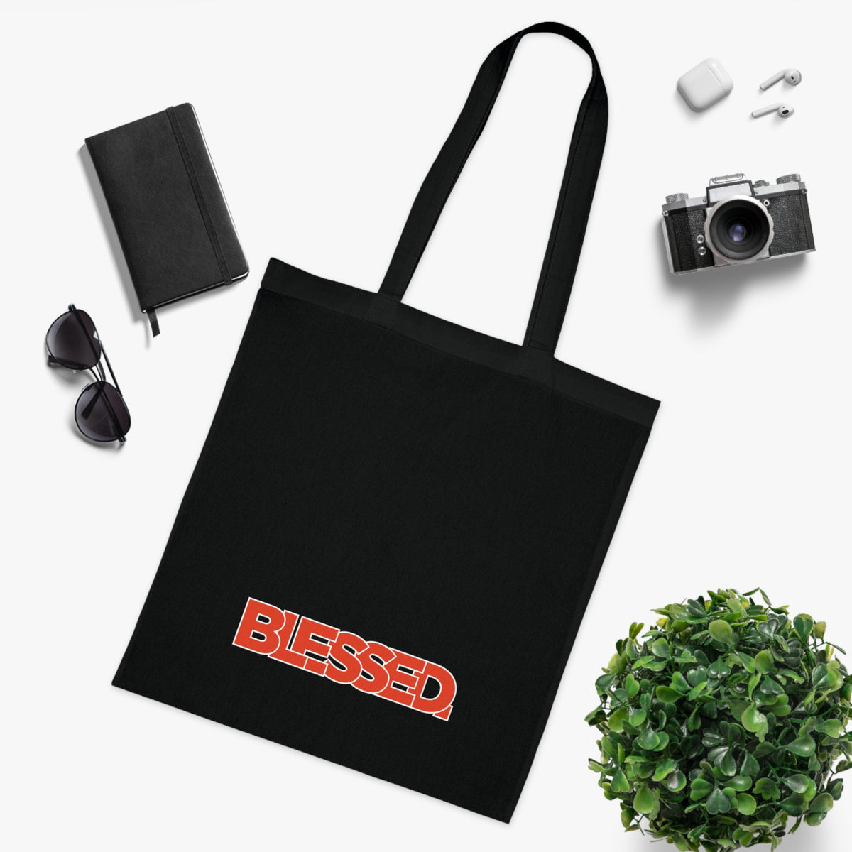 'Blessed' Cotton Tote — Minimalist faith tote bag with ‘BLESSED’ text and Focall emblem