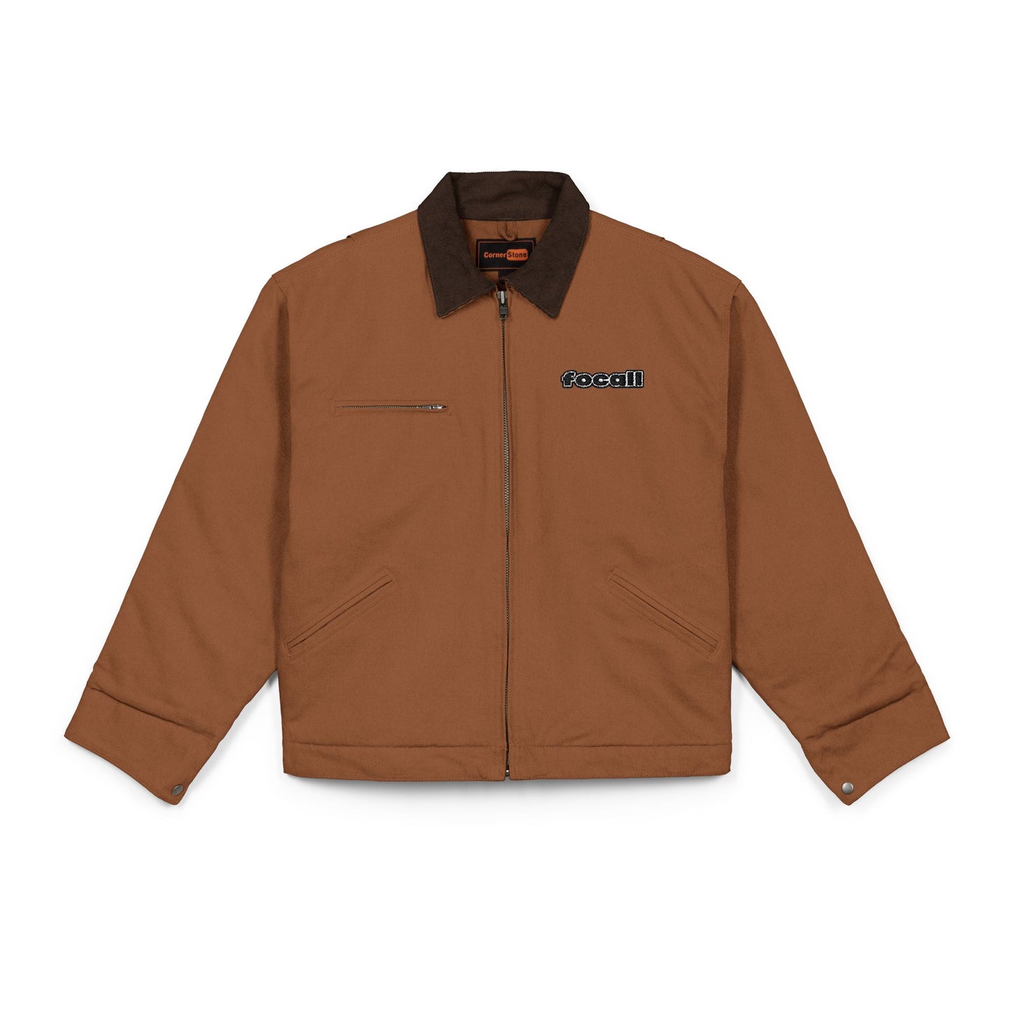 Embroidered duck canvas work jacket — Durable black carpenter-style jacket | Focall® black lettering