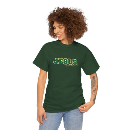 JESUS, Son of God - Varsity T-Shirt - Green Letters