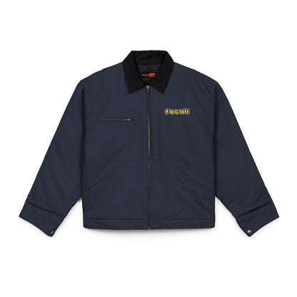 Embroidered duck canvas work jacket | Men's | Durable black carpenter-style jacket | Focall® yellow lettering