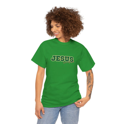 JESUS, Son of God - Varsity T-Shirt - Green Letters