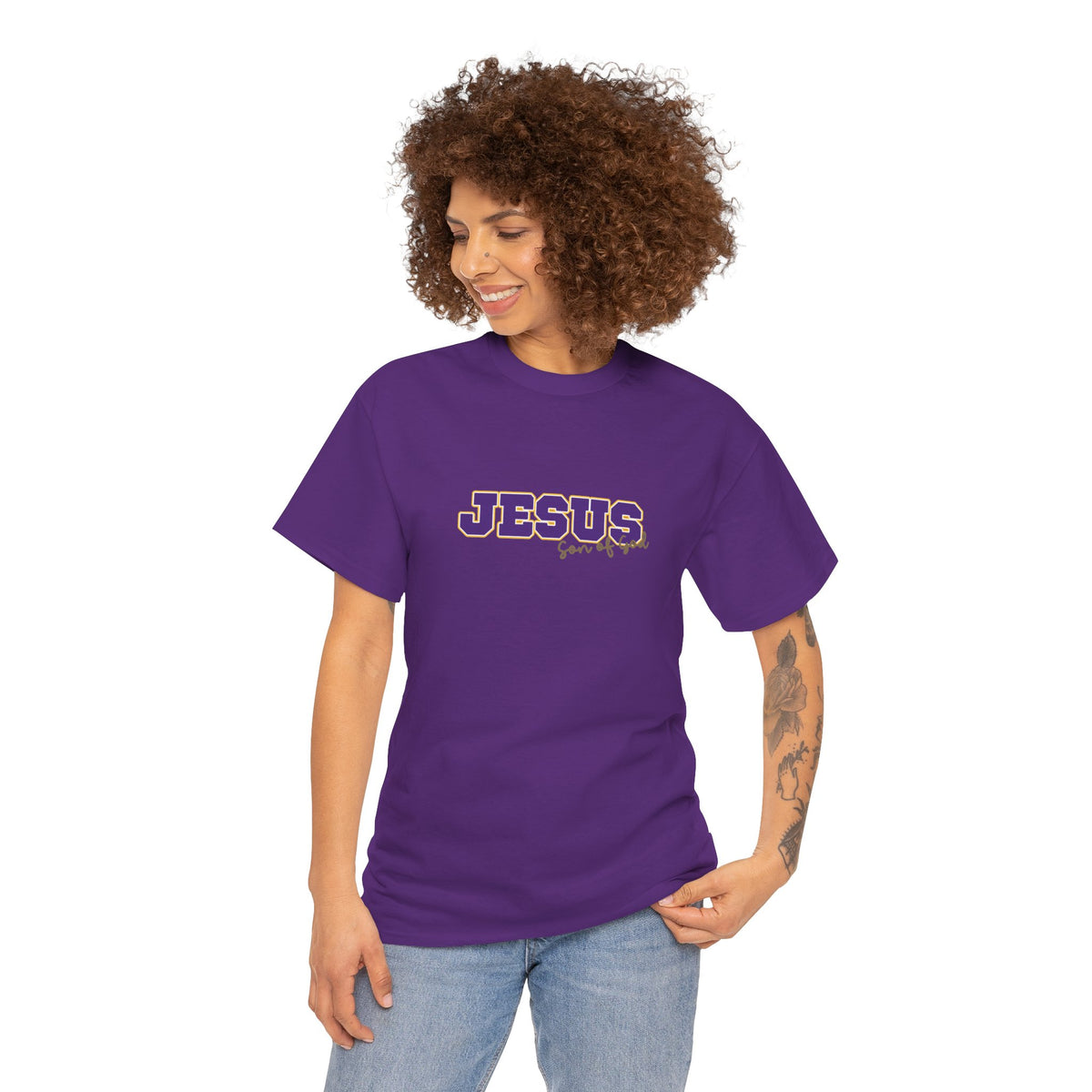 JESUS, Son of God - Varsity T-Shirt - Purple Letters