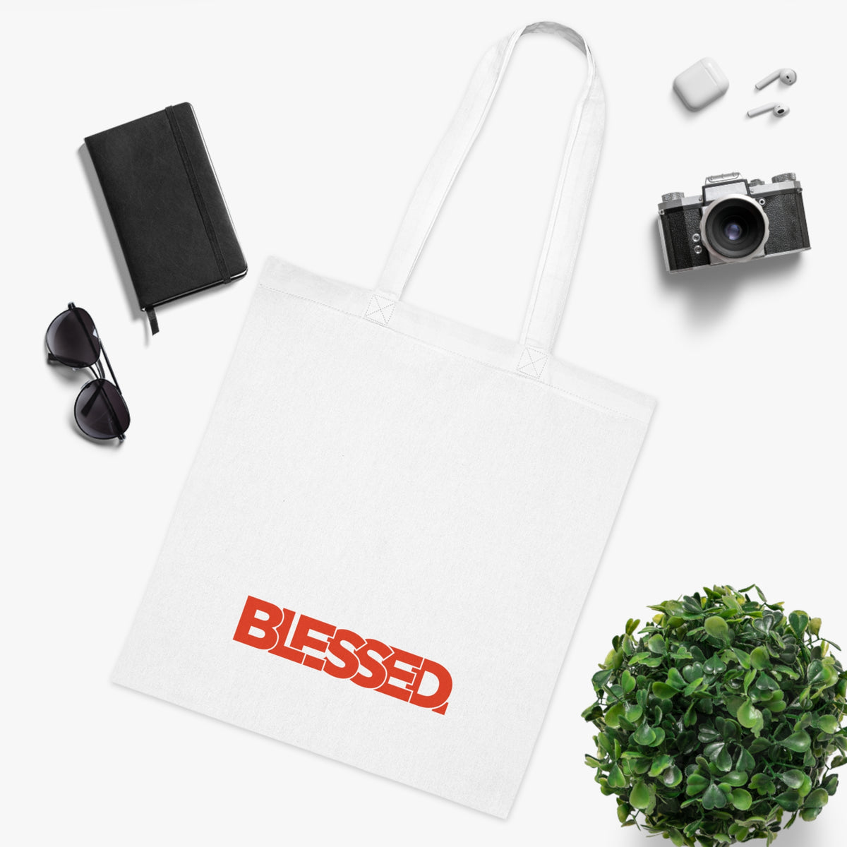 'Blessed' Cotton Tote — Minimalist faith tote bag with ‘BLESSED’ text and Focall emblem