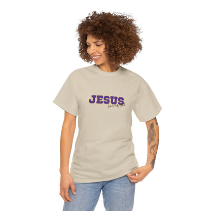 JESUS, Son of God - Varsity T-Shirt - Purple Letters