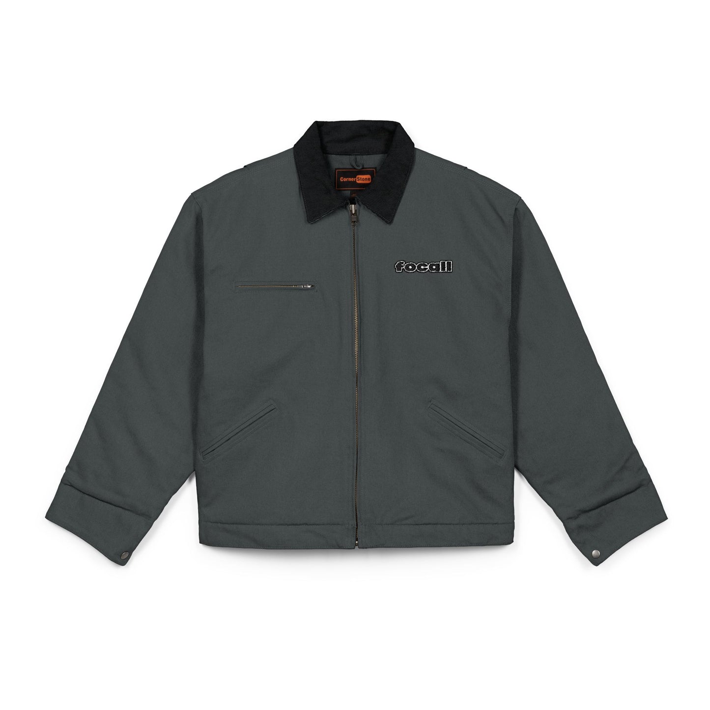 Embroidered duck canvas work jacket — Durable black carpenter-style jacket | Focall® black lettering