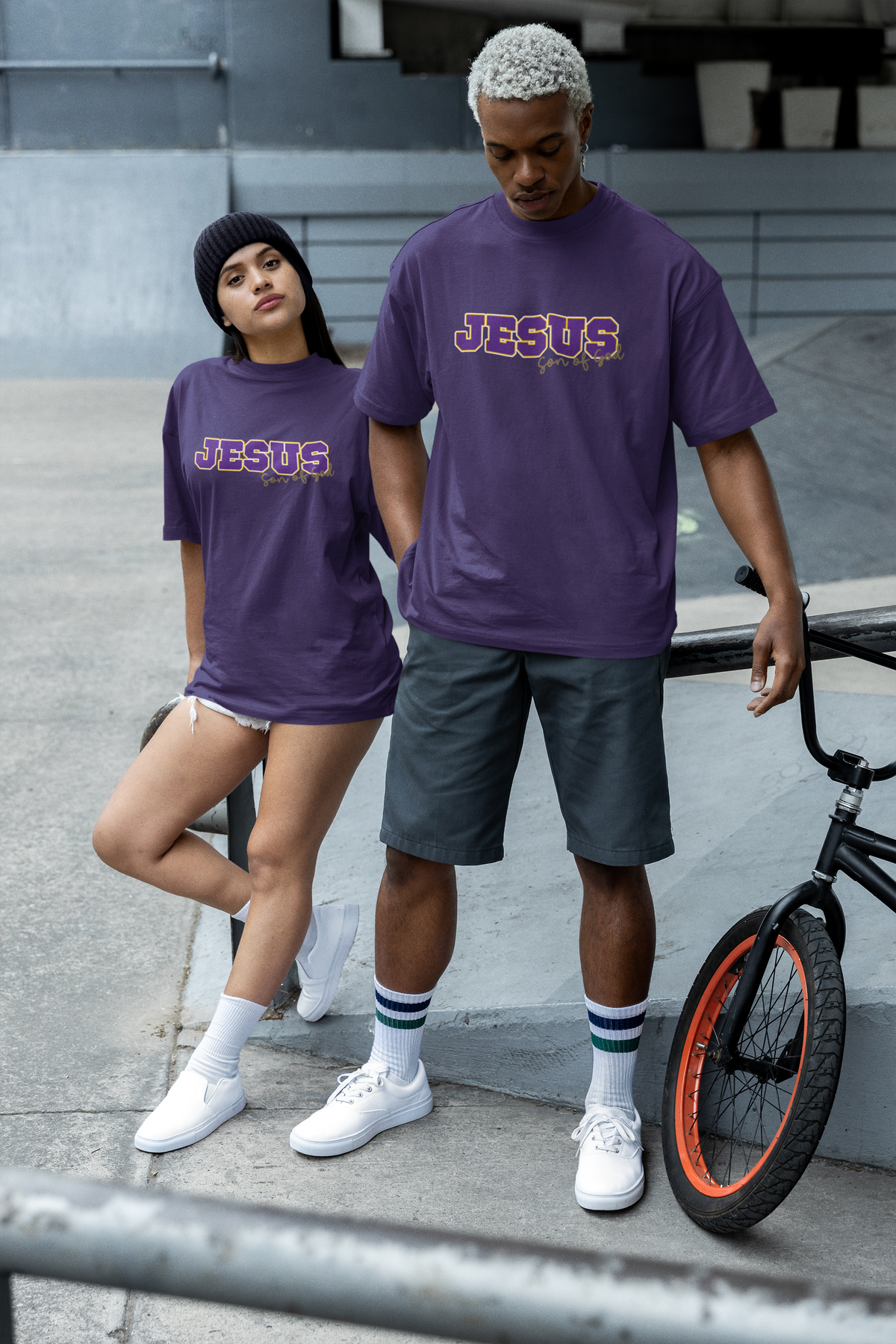 JESUS, Son of God - Varsity T-Shirt - Purple Letters