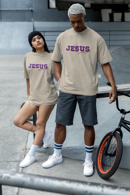 JESUS, Son of God - Varsity T-Shirt - Purple Letters