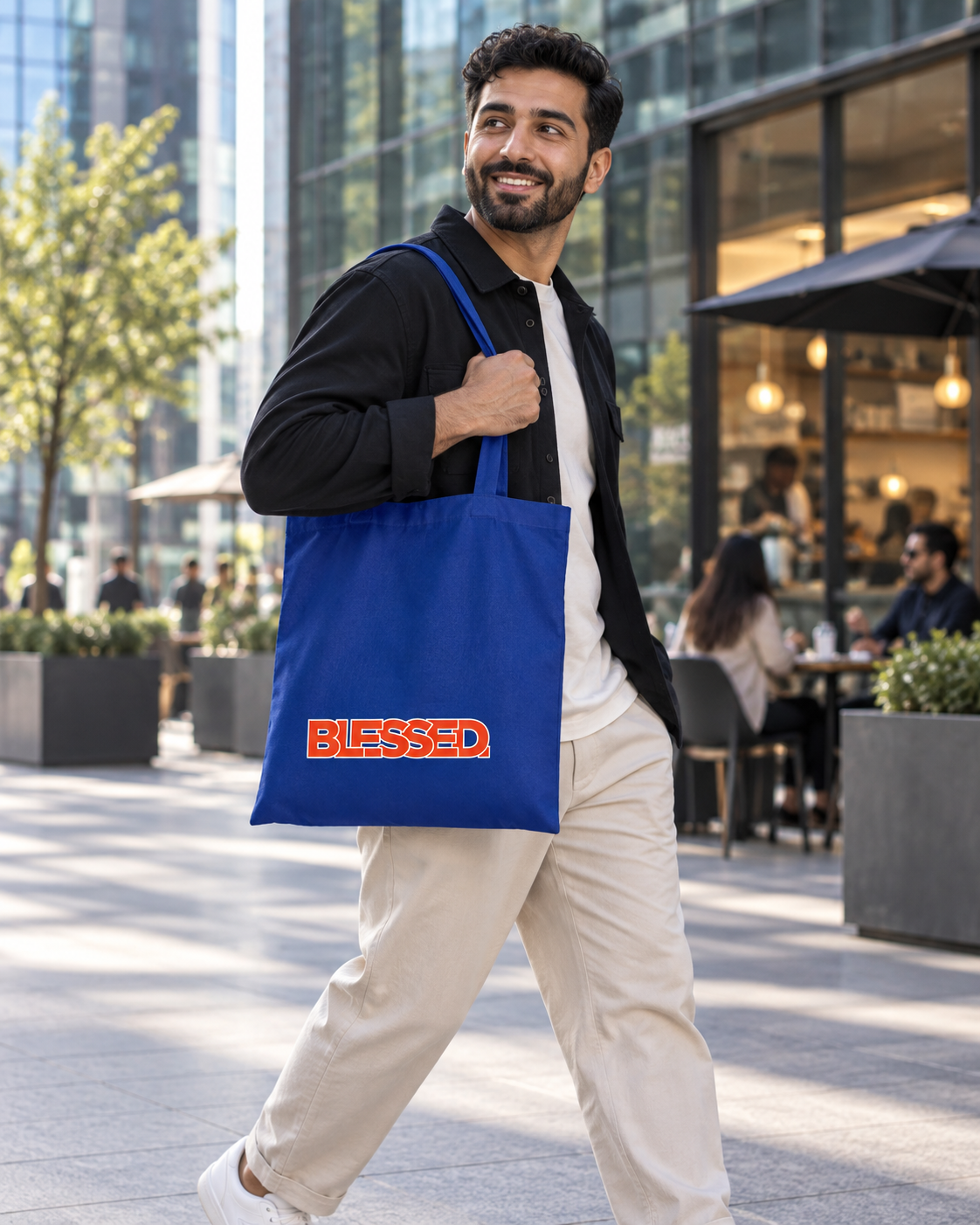 'Blessed' Cotton Tote — Minimalist faith tote bag with ‘BLESSED’ text and Focall emblem