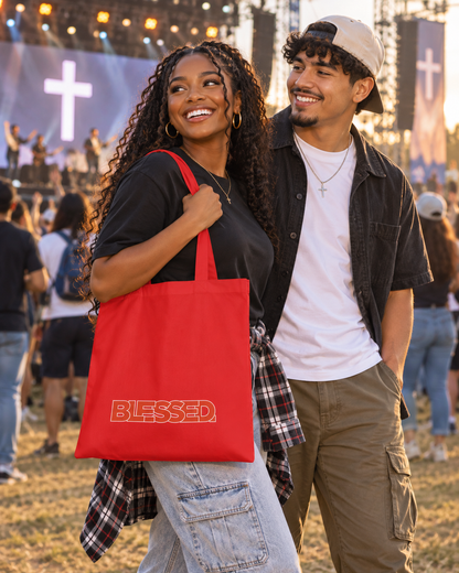 'Blessed' Cotton Tote — Minimalist faith tote bag with ‘BLESSED’ text and Focall emblem