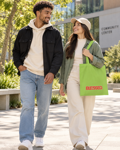 'Blessed' Cotton Tote — Minimalist faith tote bag with ‘BLESSED’ text and Focall emblem