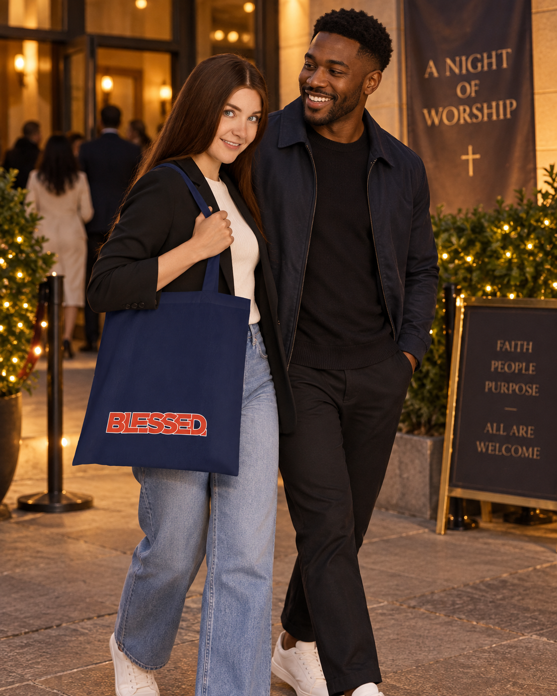 'Blessed' Cotton Tote — Minimalist faith tote bag with ‘BLESSED’ text and Focall emblem