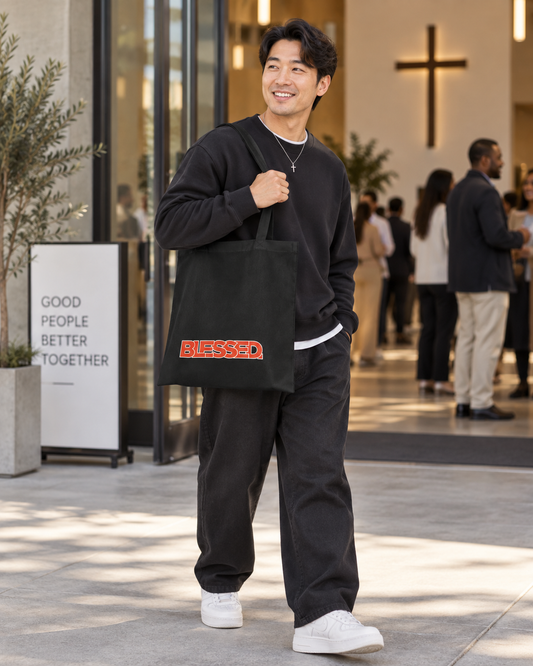 'Blessed' Cotton Tote — Minimalist faith tote bag with ‘BLESSED’ text and Focall emblem