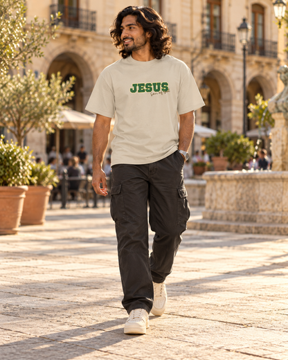 JESUS, Son of God - Varsity T-Shirt - Green Letters