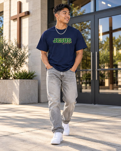 JESUS, Son of God - Varsity T-Shirt - Green Letters