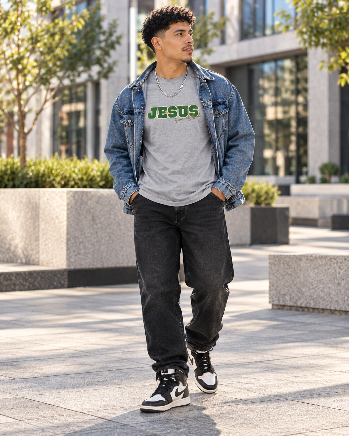 JESUS, Son of God - Varsity T-Shirt - Green Letters