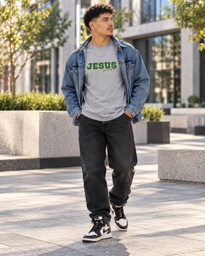 JESUS, Son of God - Varsity T-Shirt - Green Letters