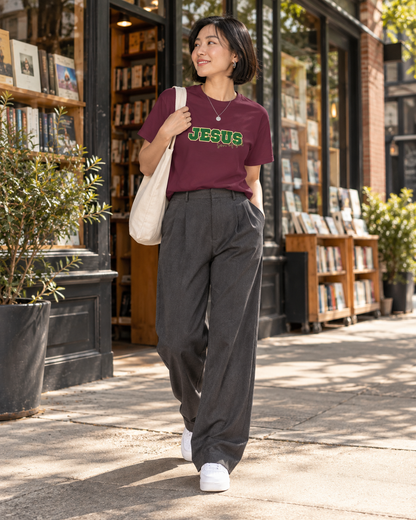 JESUS, Son of God - Varsity T-Shirt - Green Letters