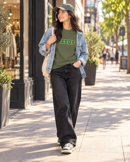 JESUS, Son of God - Varsity T-Shirt - Green Letters