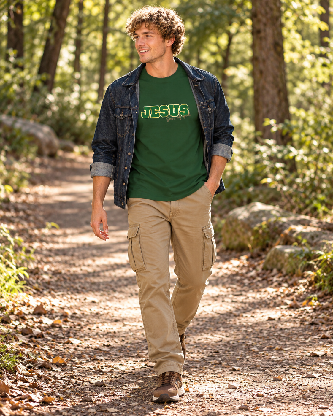 JESUS, Son of God - Varsity T-Shirt - Green Letters