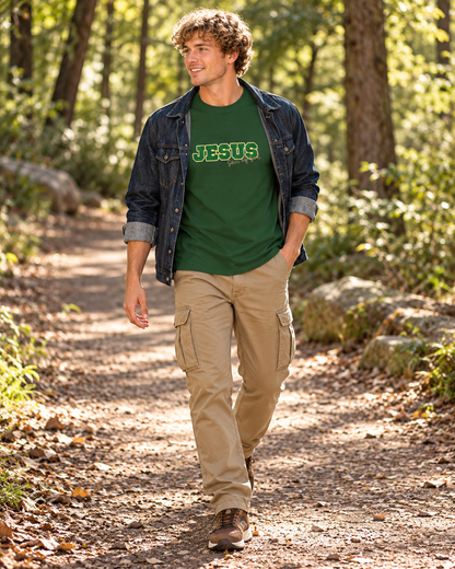 JESUS, Son of God - Varsity T-Shirt - Green Letters