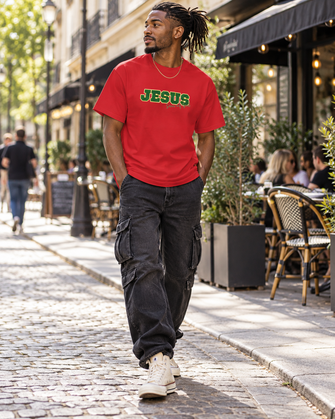 JESUS, Son of God - Varsity T-Shirt - Green Letters