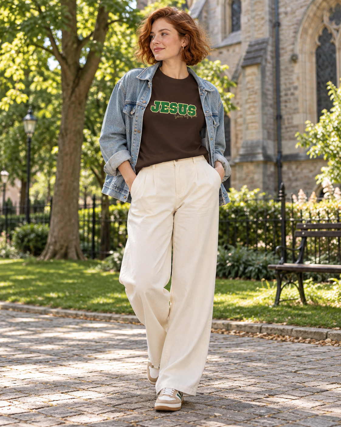 JESUS, Son of God - Varsity T-Shirt - Green Letters