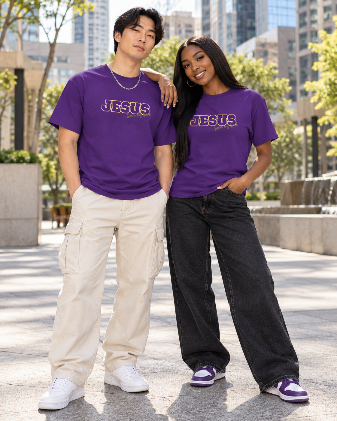 JESUS, Son of God - Varsity T-Shirt - Purple Letters
