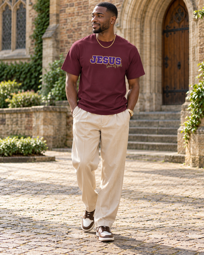 JESUS, Son of God - Varsity T-Shirt - Purple Letters