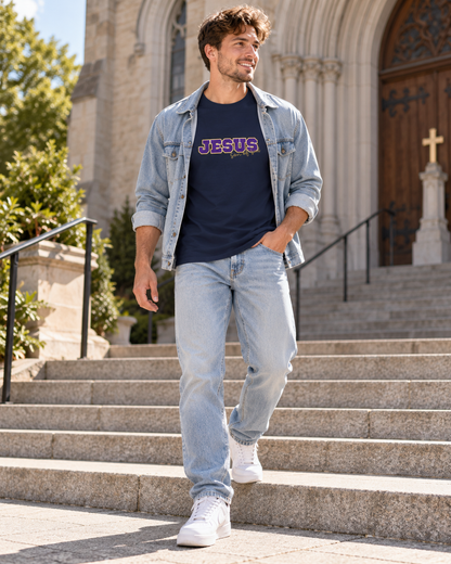 JESUS, Son of God - Varsity T-Shirt - Purple Letters