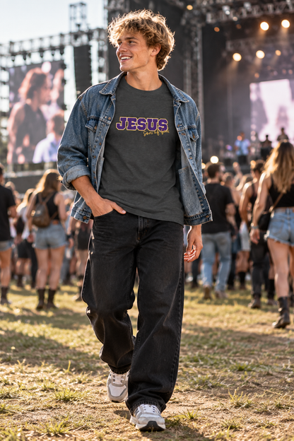 JESUS, Son of God - Varsity T-Shirt - Purple Letters