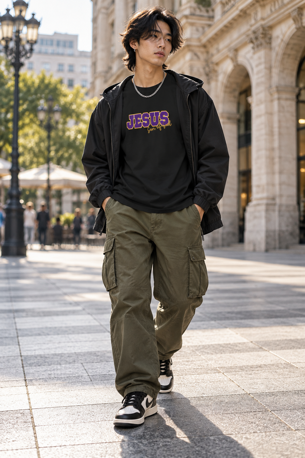 JESUS, Son of God - Varsity T-Shirt - Purple Letters
