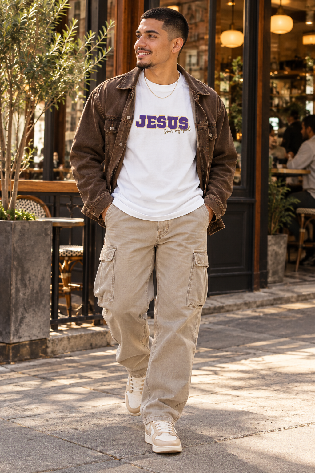 JESUS, Son of God - Varsity T-Shirt - Purple Letters